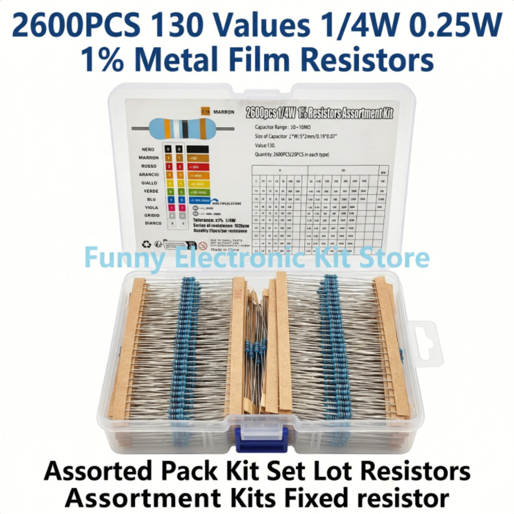 Diy Home Electronics Projects - 2600個入り金属皮膜抵抗器詰め合わせパック 130種類 1/4W 0.25W 1%固定抵抗器キットセット 電子工作DIYプロジェクト用
