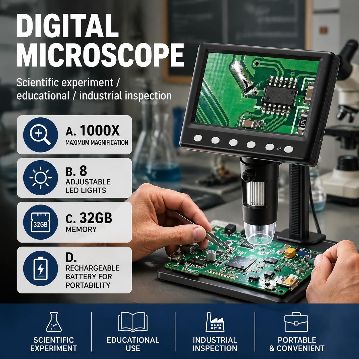 Diy Microscope For Electronics Repair - 検査用顕微鏡 1000倍拡大 8 LED照明付き 32GBメモリ搭載 デジタル顕微鏡